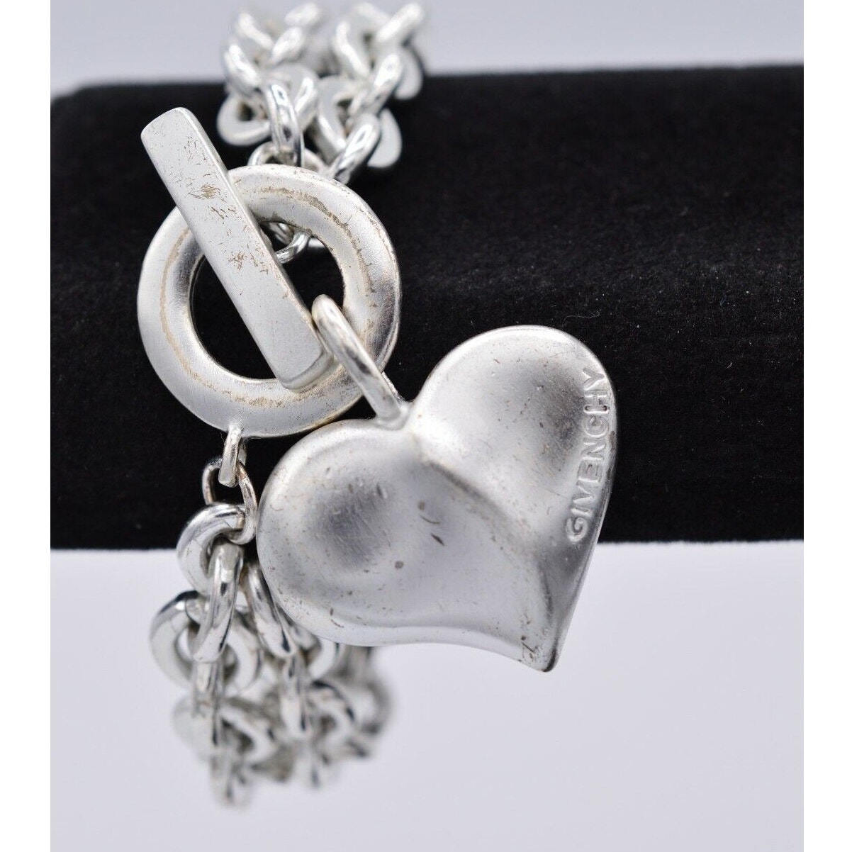 Givenchy Vintage Heart Charm Bracelet Logo Chain Brushed Silver Toggle 80s Bin6